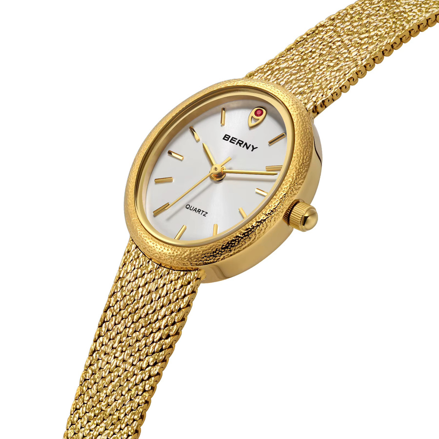 BERNY Armbanduhr Damen, Gold, Quarz, oval, Milanaise, Weiß - Bild 2