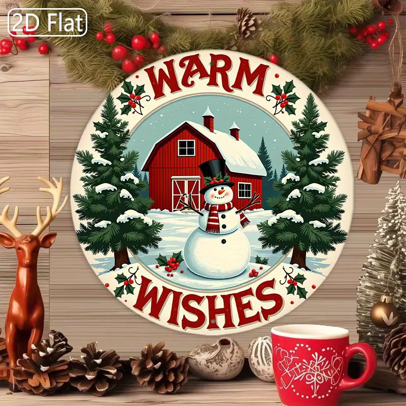 Potdemiel Weihnachts-Wanddekoration aus Metall mit roter Scheune und Schneemann in Winterszene, rundes Metallschild im Bauernhaus-Stil - Bild 2