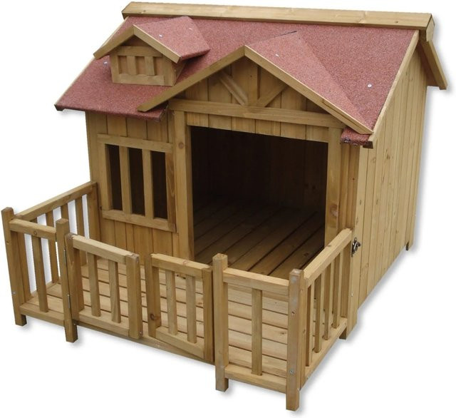 Wiltec Luxus XL Hundehaus aus Fichtenholz in Bronzebraun, wetterfest mit Veranda, B/T/H: 93,5 x 77,5 x 70 cm - Bild 1