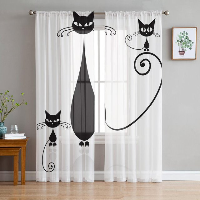 Super Six Tüllvorhang Voile in Schwarz, transparent mit Katzen-Motiv, Breite: 135 cm, Höhe: 183 cm - Bild 1