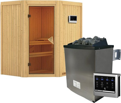 Karibu Sauna Narva aus Fichtenholz in Beige inklusive 9 kW Saunaofen mit externer Steuerung für 3 Personen, B/T/H: 198 x 151 x 170 cm - Bild 1