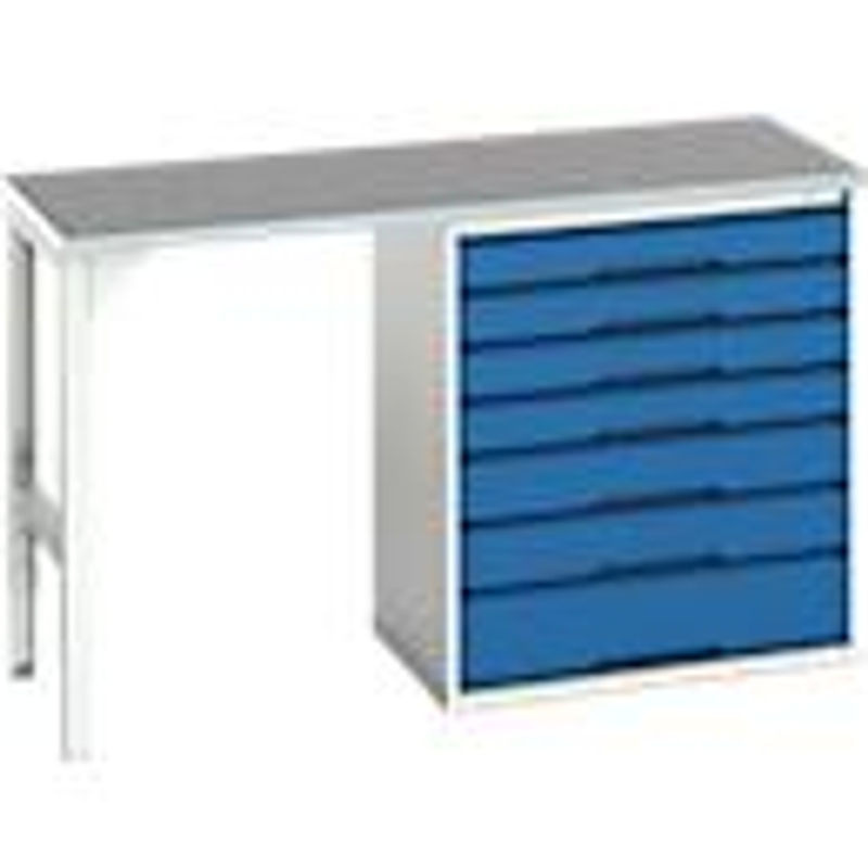 Unterbauwerkbank Bott verso mit Linoleum-Platte und 7 Schubladen, Lichtgrau / Enzianblau, B: 150 cm, T: 60 cm, H: 93 cm - Bild 2