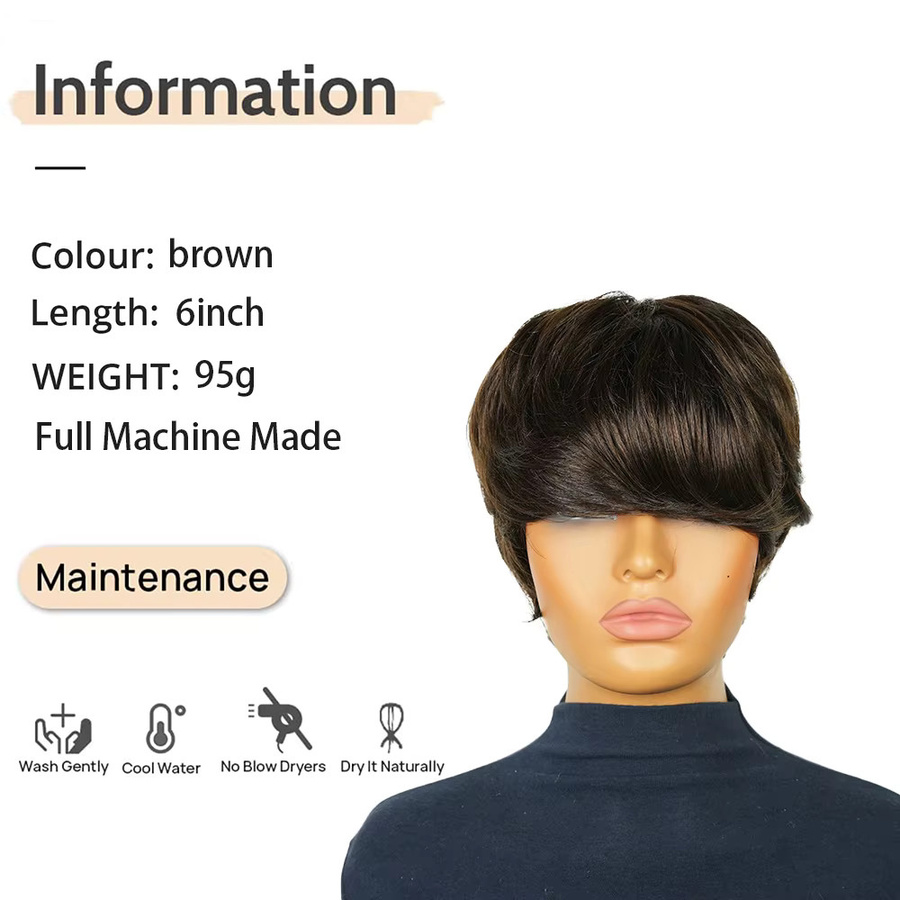 OYM HAIR Pixie-Perücke, braun, glattes Echthaar mit Pony, Damen - Bild 2