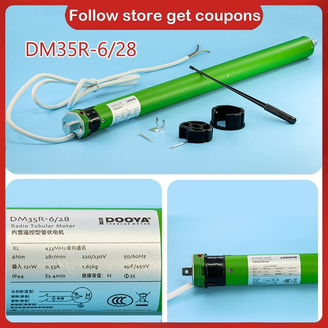 Dooya Silent Fast Rolling Tubular Motor DM35R 6/28 für Rollos mit RF433-Fernbedienung, 3 Drähte, 220/230 V 50/60 Hz, passend für 40/45/50 mm Rohre - Bild 1
