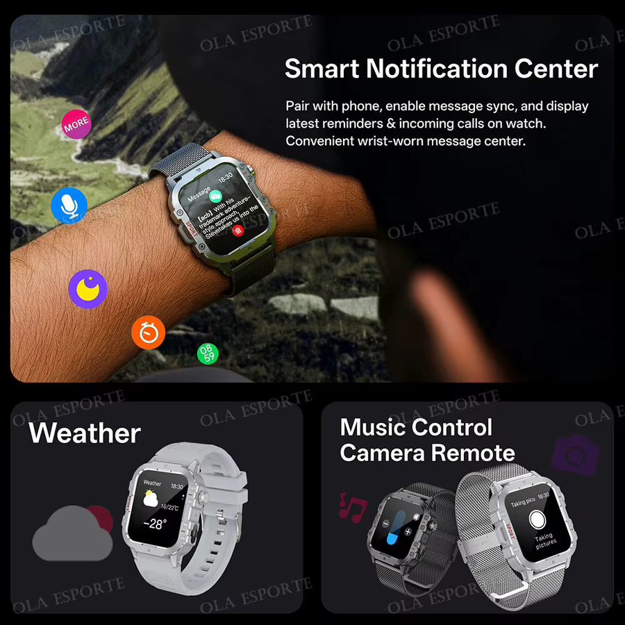 Ola Esporte Outdoor-Smartwatch mit LED-Taschenlampe, IP68 wasserdicht, Herzfrequenz- und Blutsauerstoffüberwachung, Multi-Sport-Modus, in Schwarz oder Weiß - Bild 2