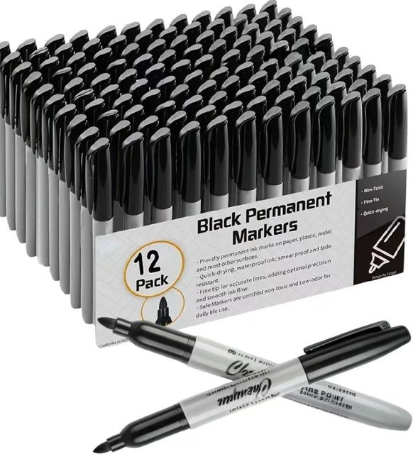 CEESO Permanentmarker Set mit feiner Spitze, 12 Stück, Schwarz, wasserfeste Markierungsstifte für Kunststoff und Metall - Bild 1