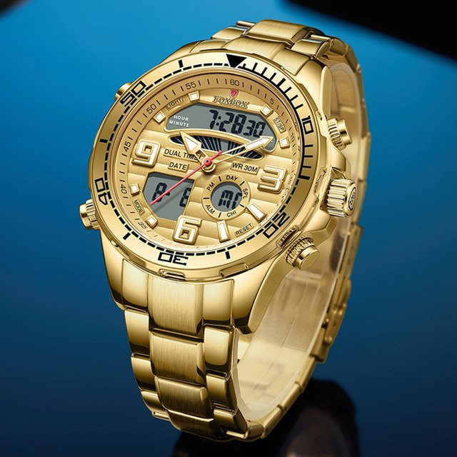 FOXBOX Digitaluhr, Chronograph, Edelstahl, Gold, Quarz, Herren - Bild 1