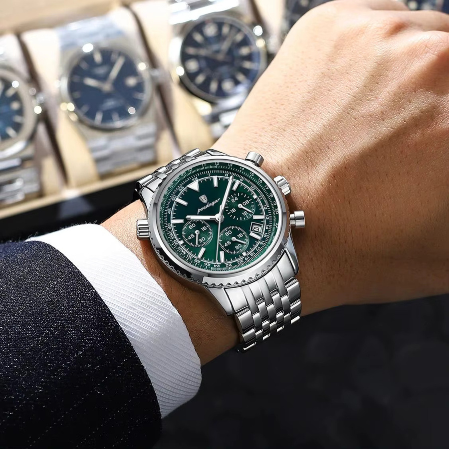 POEDAGAR Armbanduhr Chronograph, Quarz, Edelstahl, Grün, Herren - Bild 6