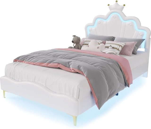 PXloue Kinderbett mit LED-Beleuchtung und verstellbarem Kopfteil, Polsterbett aus Kunstleder, Weiß, B/T/H: 140 x 190 x 107,5 cm - Bild 1