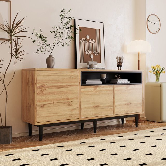 Modernes Holz-Sideboard von GL Store in Schwarz und Holzfarbe mit drei Türen und verstellbaren Regalen, B/T/H: 160 x 35 x 76 cm - Bild 1