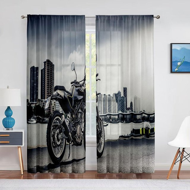Super Six Transparente Voilegardine mit Motorrad-Motiv in Schwarz, Breite: 100 cm, Höhe: 250 cm - Bild 1