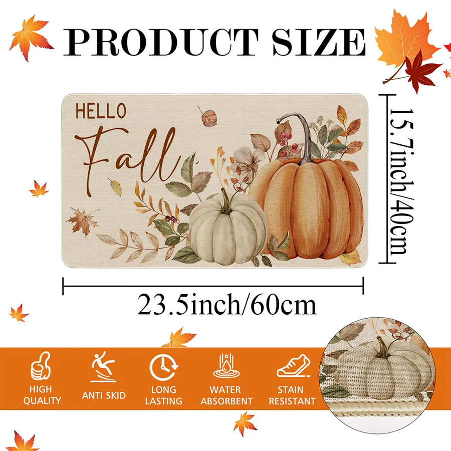VIKAMA Herbst-Kürbis Fußmatte mit Blumenmuster und Ahornblättern, rutschfest und waschbar, Mehrfarbig, B/T: 60 x 40 cm - Bild 2