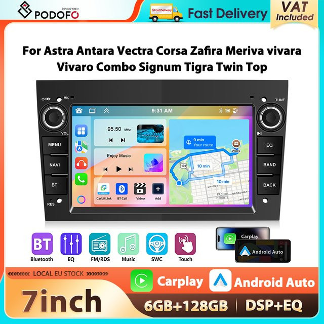 Podofo 7 Zoll Autoradio mit 6 GB RAM und 128 GB Speicher für Opel Astra Antara Vectra Corsa Zafira, Multimedia-Player mit Carplay, Android Auto, WIFI und GPS, Schwarz - Bild 1