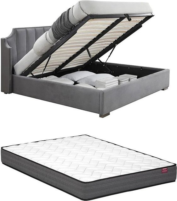 Vente-unique Bett Teomis mit Bettkasten in Hellgrau, gepolstert mit Samt, B/T/H: 140 x 190 cm - Bild 1