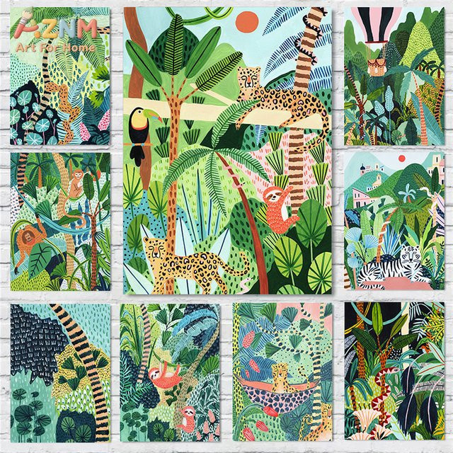 AZNM Boho Wandkunst mit tropischen Dschungeltieren auf Leinwand, bunte Illustration von Leoparden, Faultieren, Tukans und Affen, Mehrfarbig - Bild 1