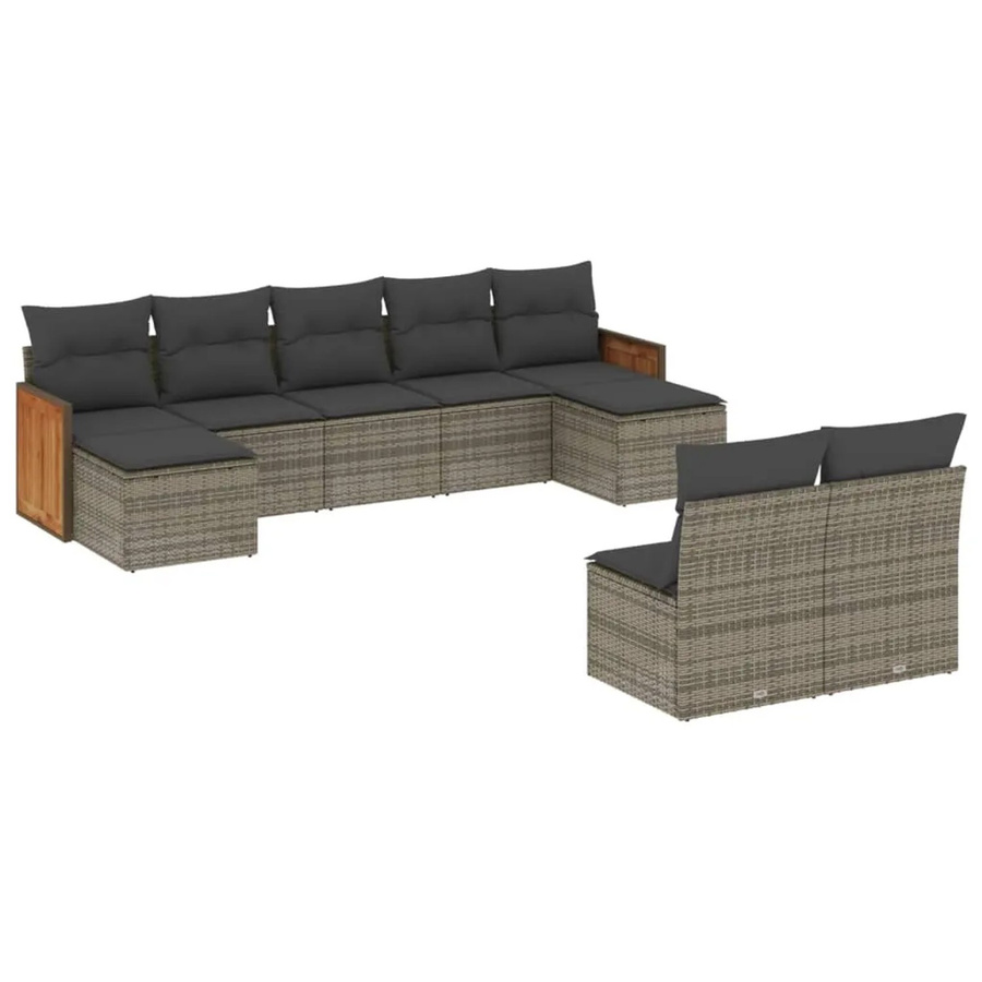 vidaXL 9-tlg. Garten-Sofagarnitur in U-Form aus Poly-Rattan und Akazienholz in Grau mit Kissen - Bild 2