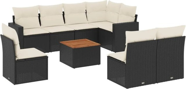 vidaXL 9-tlg Garten-Sofagarnitur aus Poly-Rattan und Akazienholz in Schwarz mit cremeweißen Kissen - Bild 1