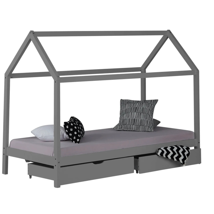 Homestyle4u Hausbett aus Kiefernholz mit Lattenrost, Matratze und Bettkästen in Grau, B/T/H: 90 x 200 cm - Bild 2