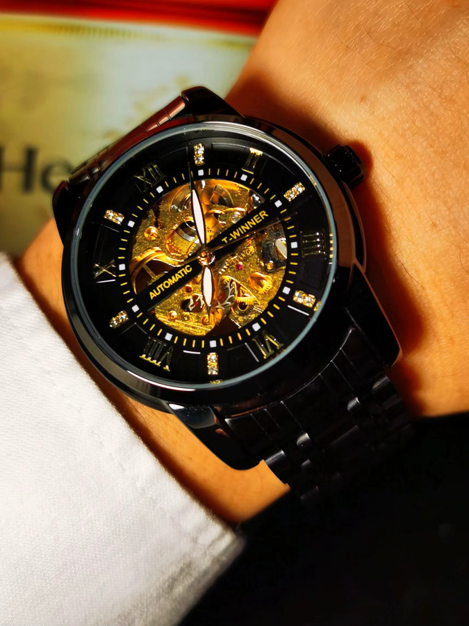 WINNER Armbanduhr Automatik, Gold, Schwarz, Edelstahl, Herren - Bild 4
