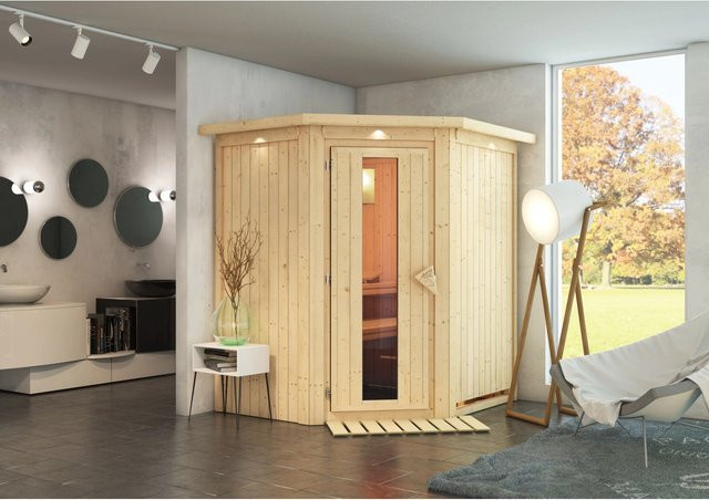 Karibu Sauna Tjorven mit LED-Dachkranz aus Fichte und Espenholz in Natur - Bild 1