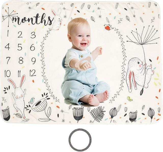 VIKAMA Baby Fotografie-Decke mit Cartoon-Hasen-Illustration in Weiß für Neugeborene, Taufe und Meilenstein-Erinnerungen - Bild 1
