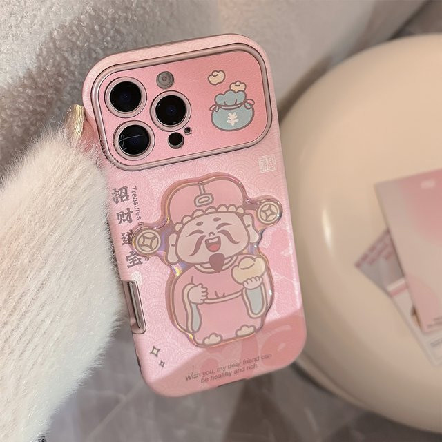 MUQGEW Handyhülle mit 3D-Cartoon-Glücksgott-Design in Rosa für iPhone 11 bis 16 Pro Max, stoßfeste Lederstruktur mit großem Fenster - Bild 1
