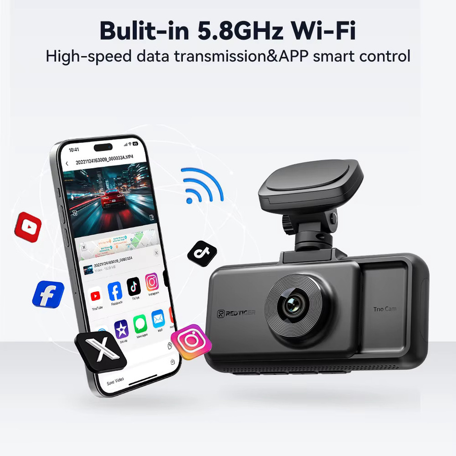 REDTIGER A6 3-Kamera-System Dashcam in Schwarz mit 4K UHD, integriertem 5,8GHz WLAN und GPS für Front-, Innen- und Heckaufnahme inklusive Nachtsicht und Parküberwachung - Bild 5