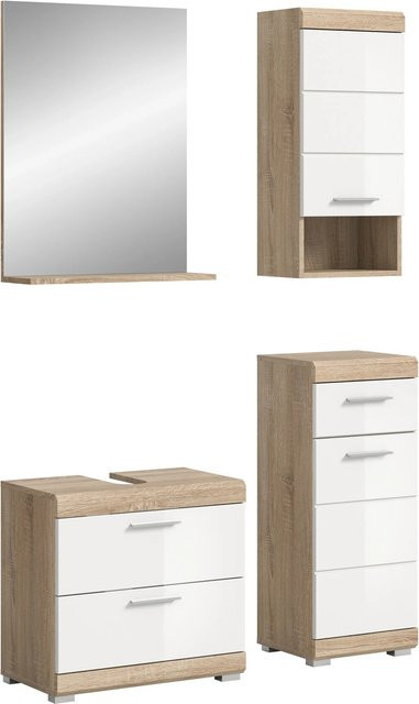 Badezimmer-Set Lambada von xonox.home in Eiche und Weiß Hochglanz, 4-teilig mit Spiegelschrank, Waschtischunterschrank und Hochschrank, B/H/T: 112 x 191 x 37 cm - Bild 1