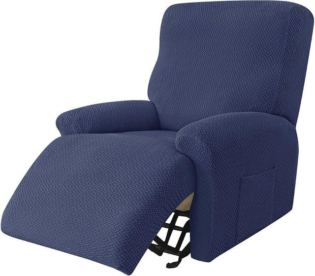 4-teiliges Set Stretch-Sofabezüge aus Jacquard für Liegesofas und Sessel mit Seitentaschen, Blau - Bild 1