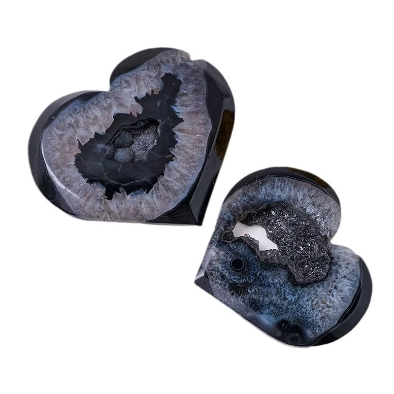 Natürlicher Schwarzer Achat als Herz-Geode geschnitzter Liebes-Kristall als Worry Stone und Wohndekor - Bild 5