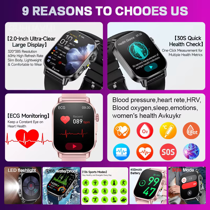 TAVYU Smartwatch mit EKG und PPG KI-Gesundheitsdiagnose, Herzfrequenz-Tracker und HD-Anruffunktion, Schwarz - Bild 2