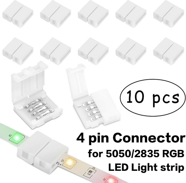 YSRSAI 10er Set 4-Pin LED Streifen Adapter ohne Löten, 10mm Solderless Stecker für 5050/3528 SMD RGB Streifen, Farbe Weiß - Bild 1