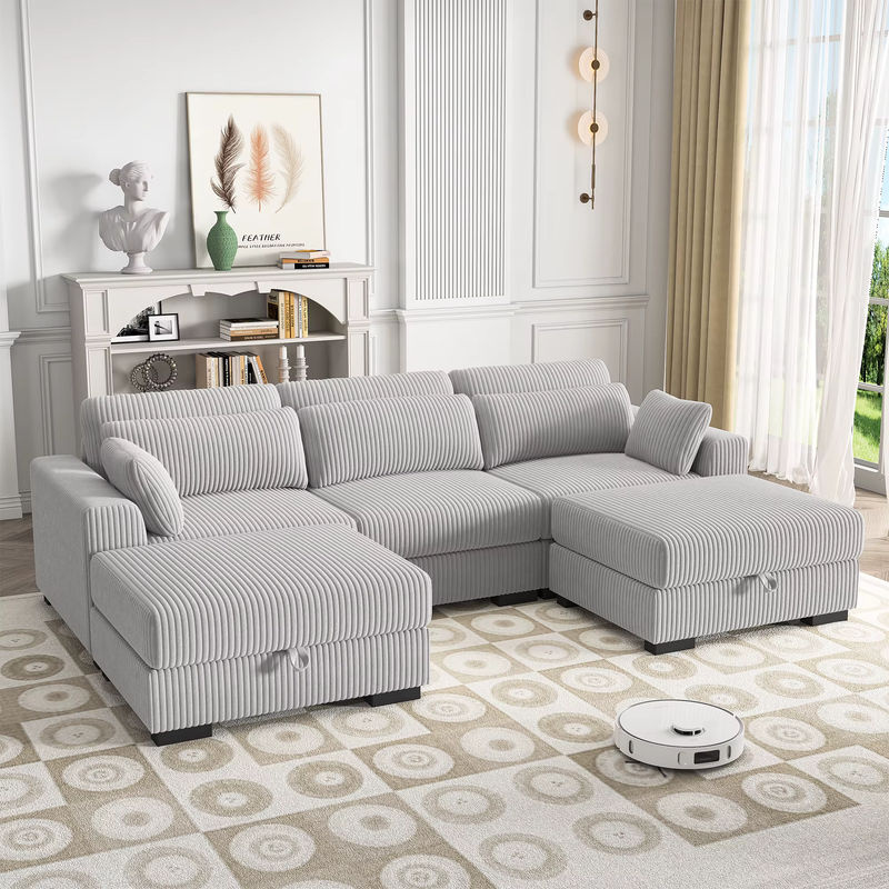 Anajqaqia Modulares Samtsofa in Grau mit passendem Fußhocker und breiten Armlehnen - Bild 2
