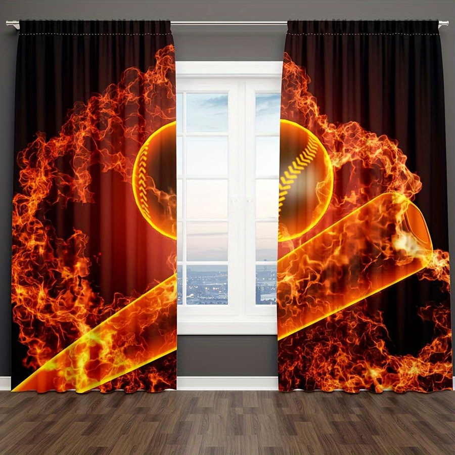 2er Set Basketball Vorhänge mit abstraktem Flammen-Design in Multicolour, halbtransparente Sportvorhänge für das Jugendzimmer, Breite: 100 cm, Höhe: 130 cm - Bild 2