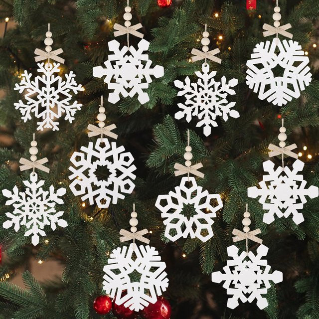 6er Set ZQNYCY Holz Schneeflocken Ornamente in Braun und Weiß als Weihnachtsbaum Anhänger und DIY Bastelset für Weihnachten und Silvester - Bild 1