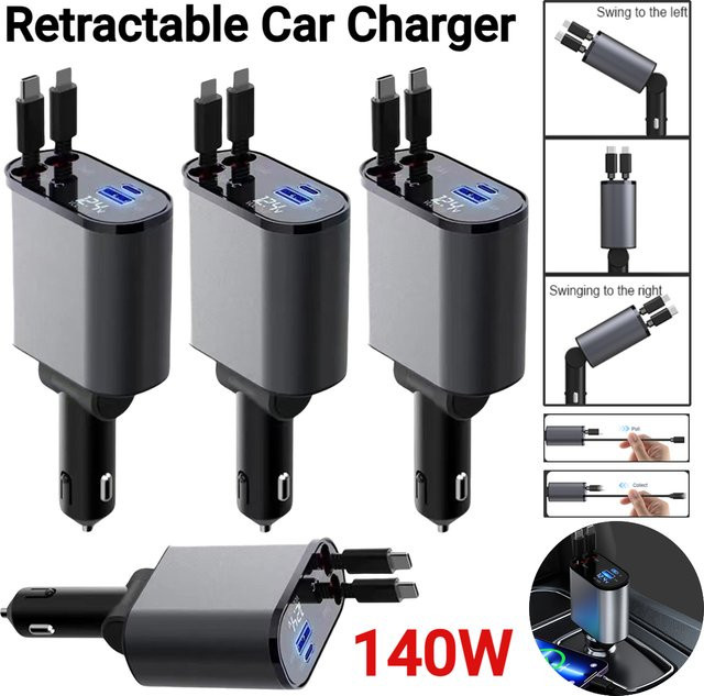 4 in 1 Einziehbares Auto Ladegerät mit 120W Schnellladefunktion, USB-C Kabel für iPhone, Huawei und Samsung, Zigarettenanzünder Adapter mit PD und QC 3.0 - Bild 1