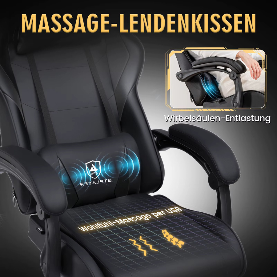 GTPLAYER Gaming-Stuhl mit Massagefunktion und Lendenstütze, ergonomischer Bürostuhl in Schwarz, höhenverstellbar und gepolstert, belastbar bis 150 kg - Bild 2