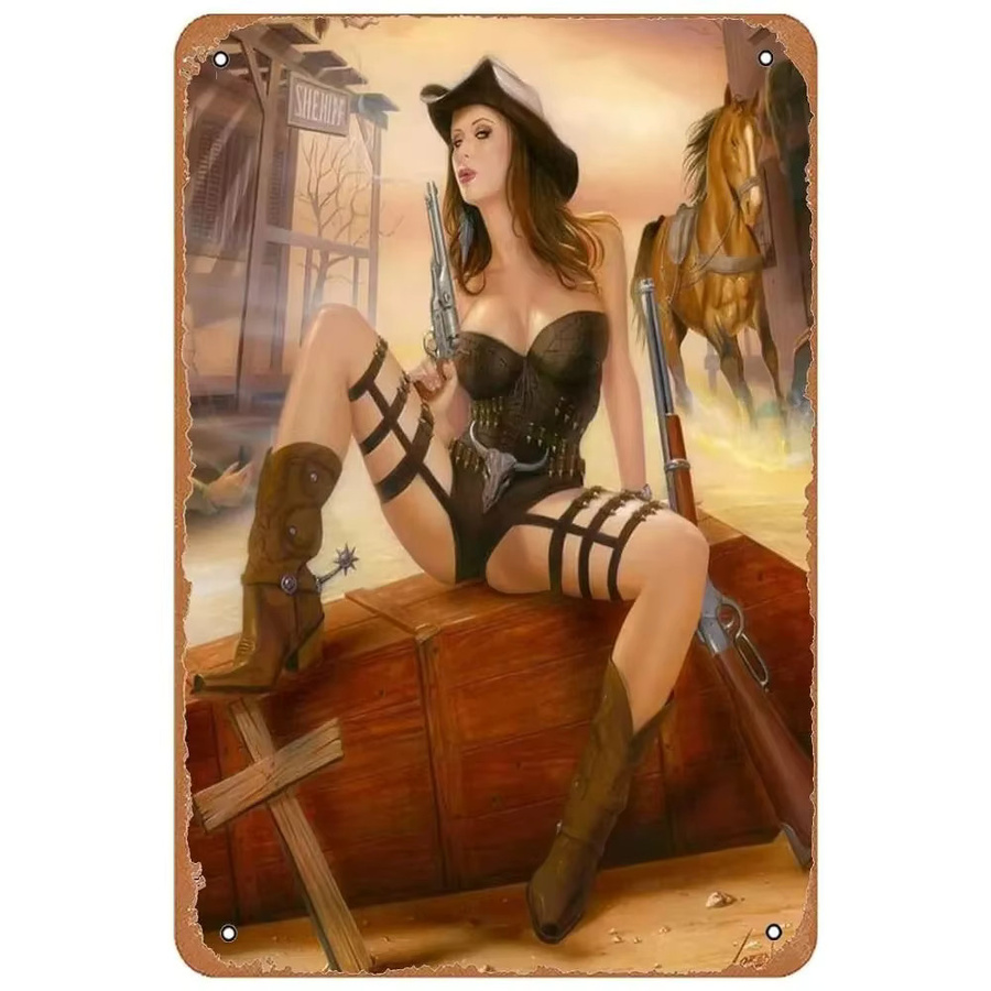 Vintage Blechschild CIFBUY Metallplakette mit Western-Cowgirl und Gewehr-Muster in Multicolour, Wanddekoration aus Aluminium, Breite: 30,0 cm, Höhe: 20,0 cm - Bild 2