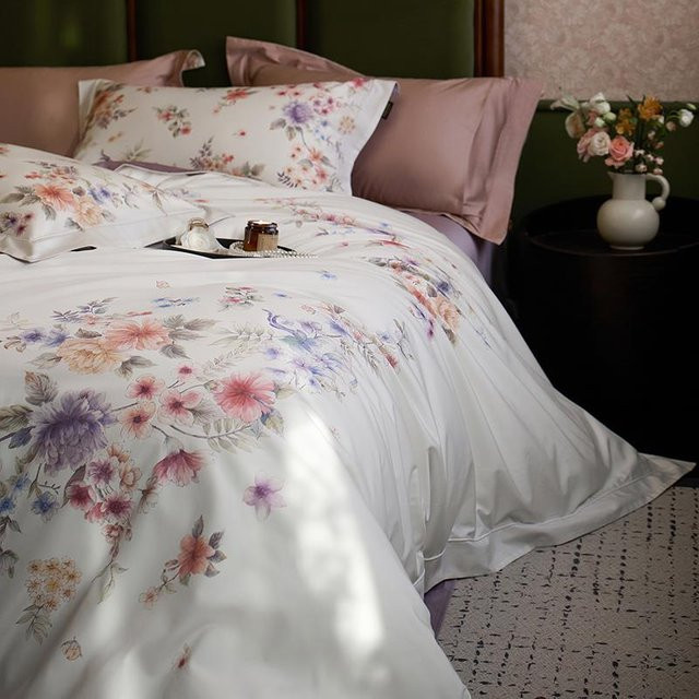 Bin Chi Textiles Luxus Bettwäsche-Set aus ägyptischer Baumwolle mit Blumenmuster, Weiß, 4-teilig, B/H: 200 x 230 cm - Bild 1