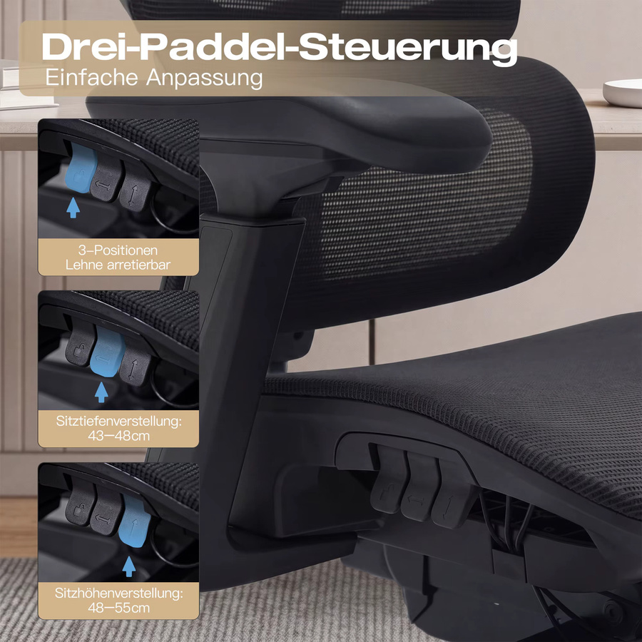 WELAX S7 Ergonomischer Bürostuhl mit Netzrücken, hoher Rückenlehne, Lendenstütze, Fußstütze und 4-fach verstellbaren Armlehnen in Schwarz oder Weiß - Bild 2