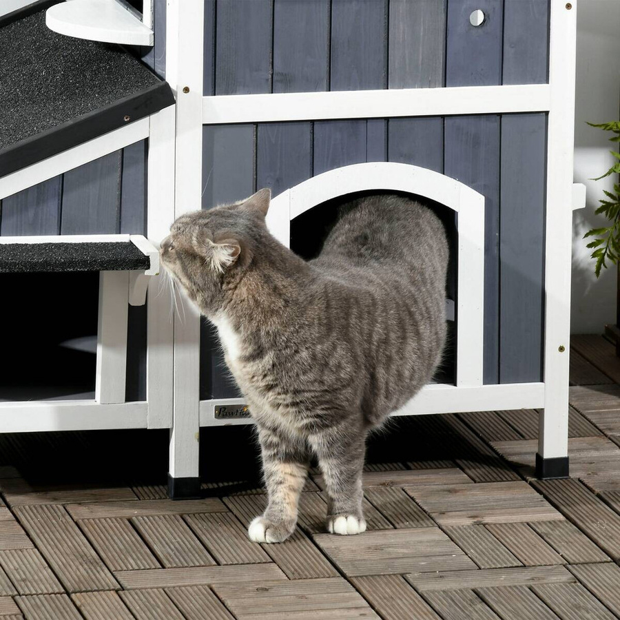 PawHut Katzenhaus aus grau lackiertem Tannenholz mit mehreren Eingängen und wetterfestem Asphaltdach, B/H/T: 65 x 96 x 85,5 cm - Bild 4