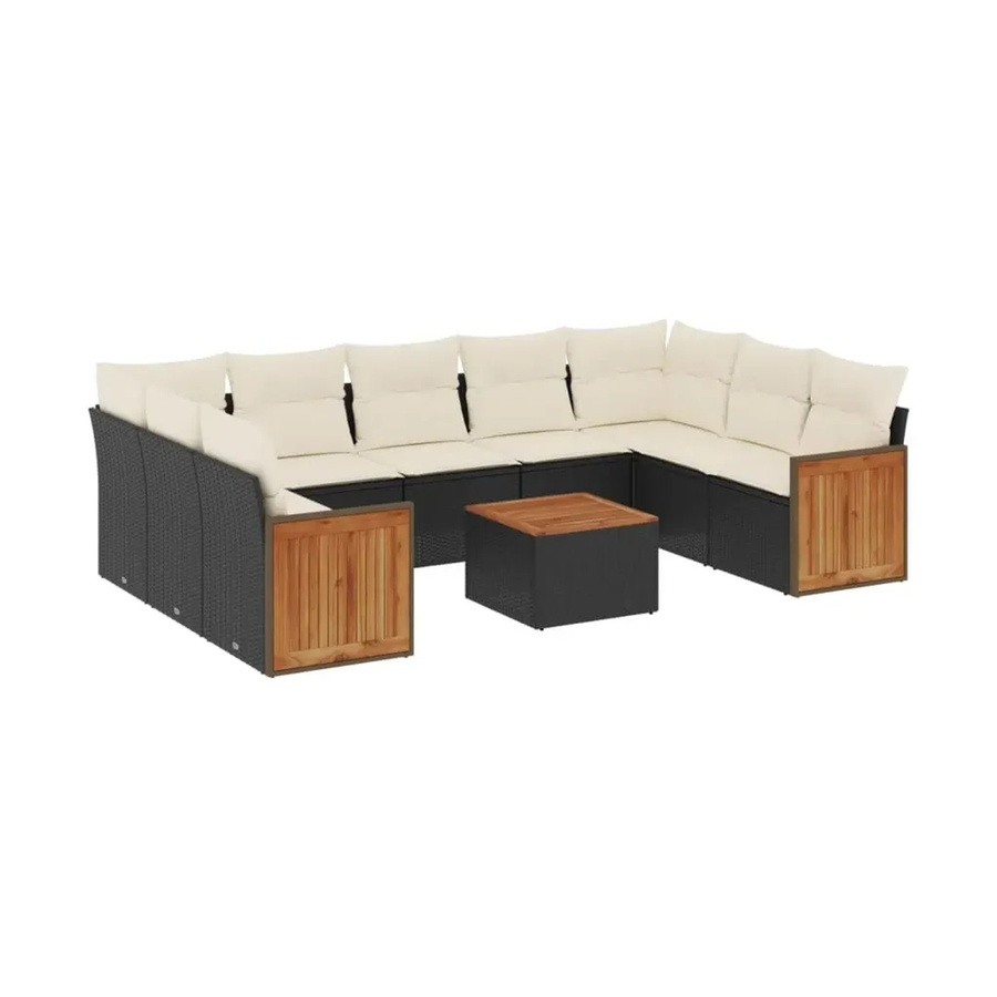 vidaXL 10-teilige Garten-Sofagarnitur in L-Form aus Poly-Rattan und Akazienholz mit Kissen, Schwarz-Creme - Bild 2