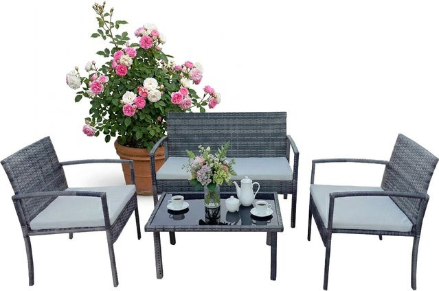 Relaxdays Gartenmöbel Set aus Polyrattan in Grau, 4-teilig, B/T/H: 106 x 58 x 78 cm - Bild 1