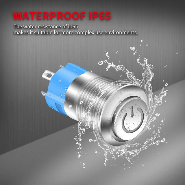 Wasserdichter Druckknopf Schalter aus Edelstahl mit Power-Symbol Muster, IP65, 12/16mm, Farbe Silber/Grün, 1NO 1NC - Bild 1