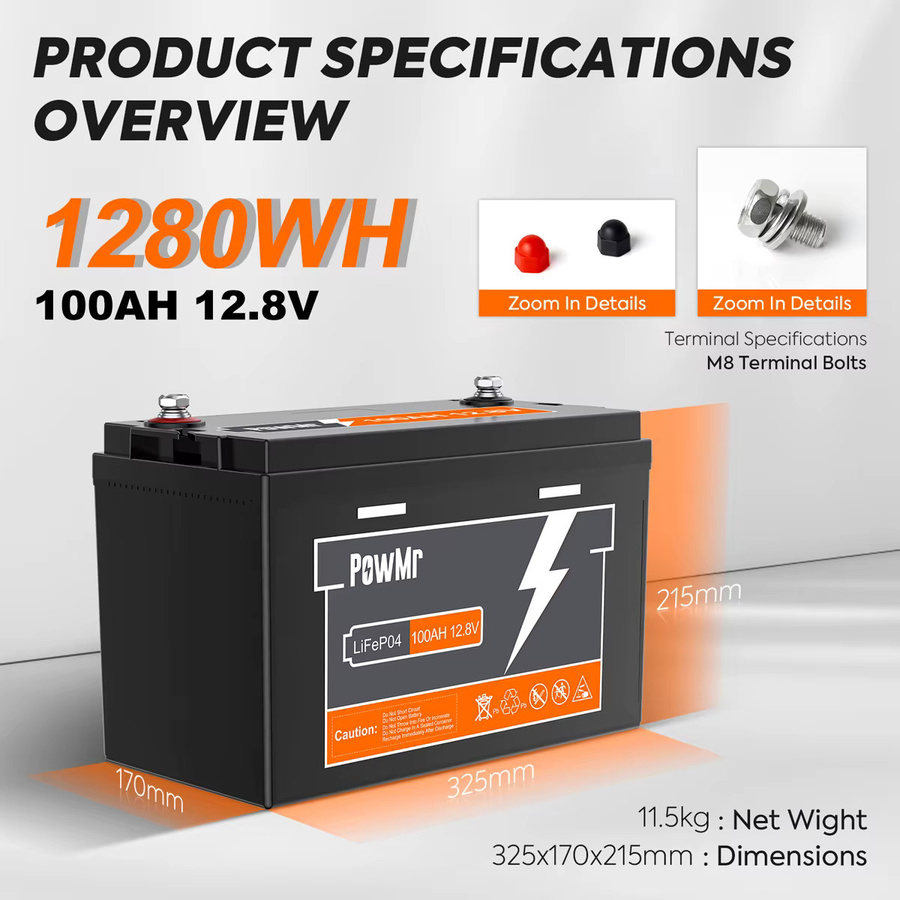 POWMr LiFePO4 Batterie 12V 100Ah 1280Wh mit integriertem BMS in Schwarz - Bild 3