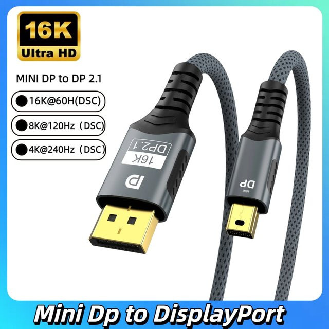 FDBOY Mini DisplayPort auf DisplayPort 2.1 Kabel Schwarz, bidirektional, 16K@60Hz (DSC) und 8K@120Hz (DSC) für MacBook, Projektor und HDTV - Bild 1