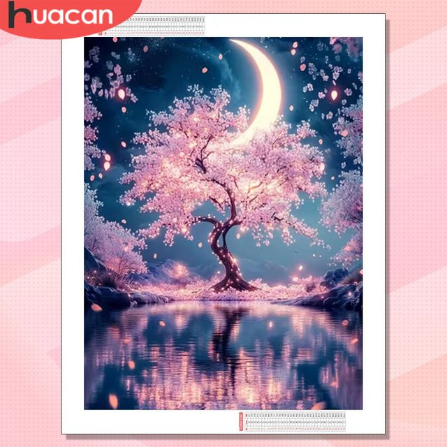 HUACAN 5D DIY Diamant Mosaik Set Baum Landschaft Mond Dekoration, Rund, Multicolour, Durchmesser: 30 cm - Bild 1