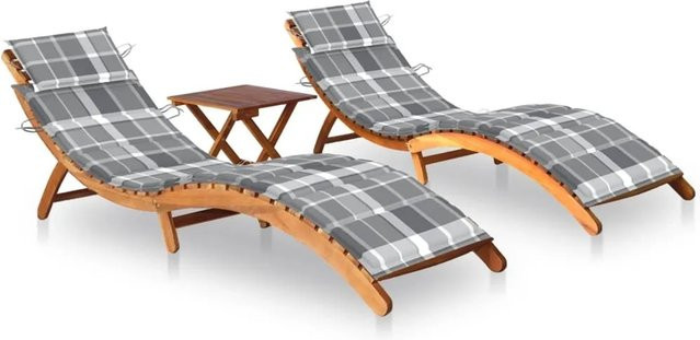 vidaXL Sonnenliegen Set aus Akazien-Massivholz mit Tisch und Auflagen, 2 Stück, B/T/H: 184 x 55 x 64 cm - Bild 1