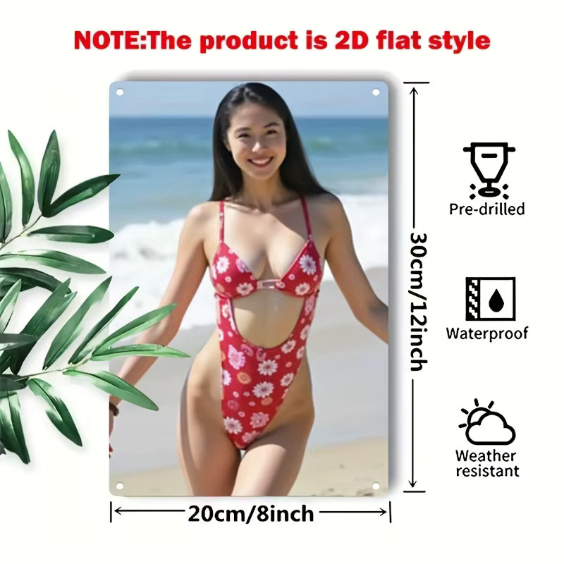 CIFBUY Metall-Wandkunst Retro-Vintage Stranddekoration mit rotem Bikini und floralem Muster, Rechteckiges Eisenkunst-Poster für Zuhause, Bar oder Café, Breite: 30,0 cm, Höhe: 20,0 cm - Bild 2