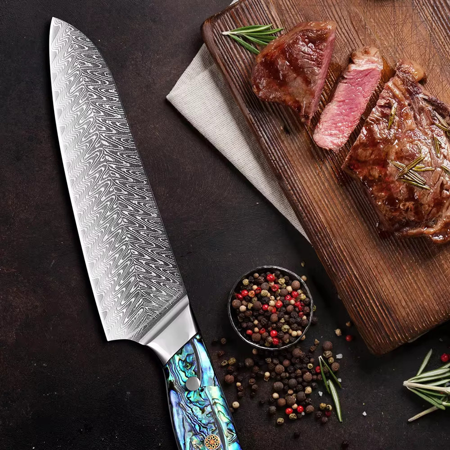 Xituo Santoku Küchenmesser aus Damast-Stahl mit ergonomischem Griff, Mehrfarbig, Klingenlänge: 17,8 cm - Bild 3